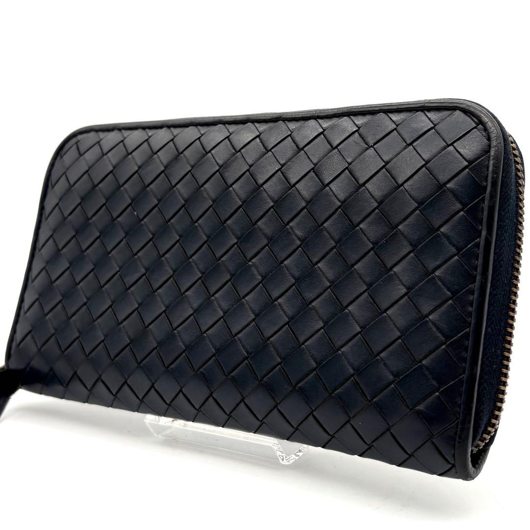 【美品】ボッテガヴェネタ 長財布 イントレチャート ラウンドジップ ネイビー