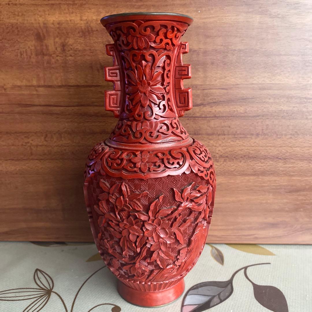 中国美術 花瓶 壷　彫漆　中国伝統工芸　 アンティーク　骨董品