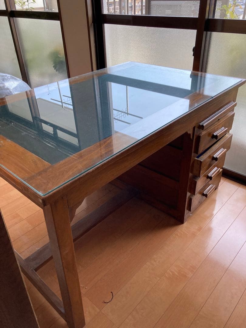 ヴィンテージ木製デスク(ガラス天板)【W122xH70xD76cm】★3月末まで
