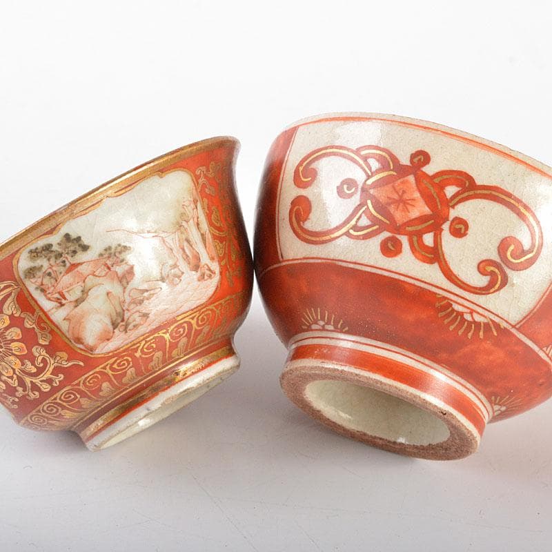 九谷焼　大日本九谷　清閑製　赤絵金彩　盃　二客　時代箱付　G　R6476