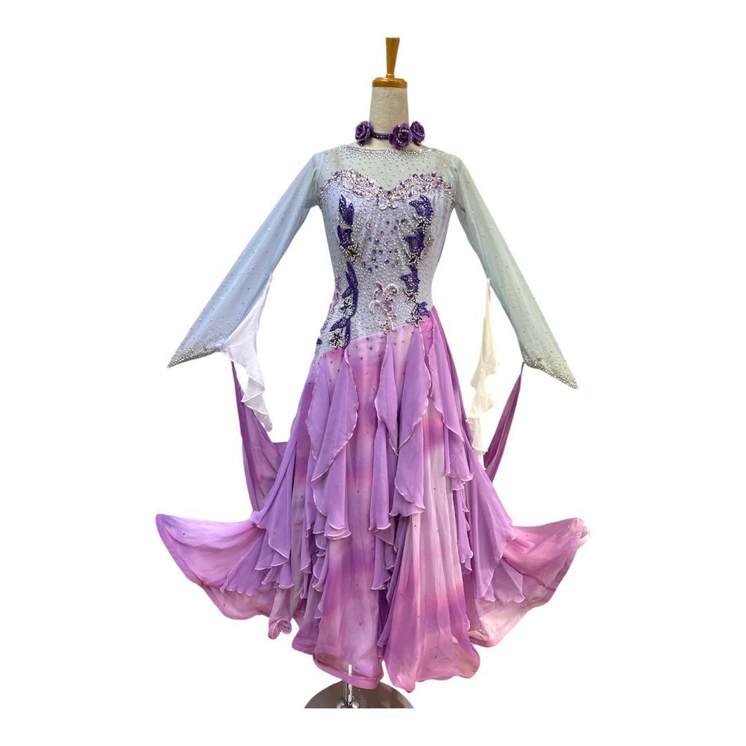 6313★白樺ドレス★M 紫 スワロミックス スタンダードドレス 社交ダンス