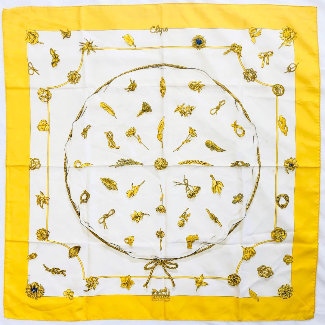 HERMES エルメス カレ90 クリップ Clips イエロー系×ホワイト系