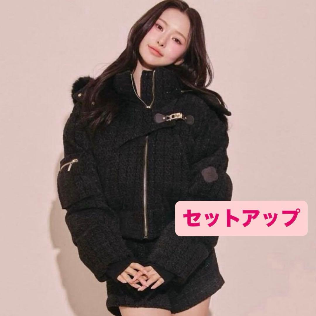 Randy アシンメトリーバックルツイードパデットジャケット＆パンツ ブラック