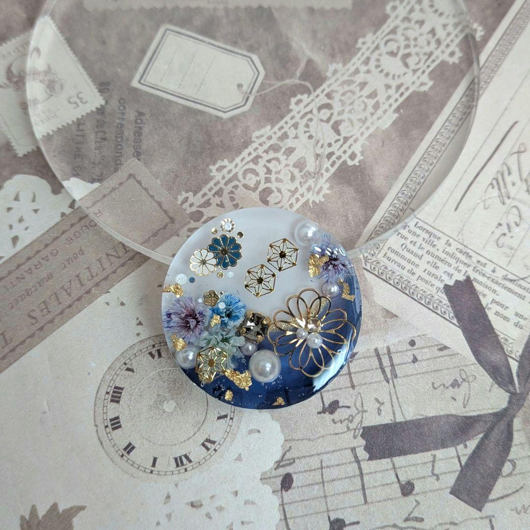 ＃407 白＆ブルー✴和柄✴着物✴レジンヘアゴムキーホルダーブローチ