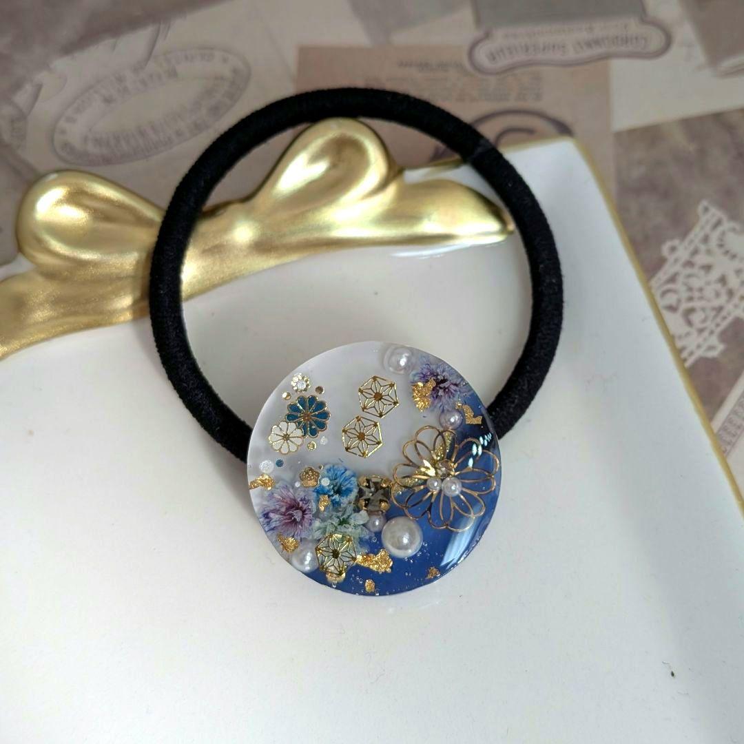 ＃407 白＆ブルー✴和柄✴着物✴レジンヘアゴムキーホルダーブローチ