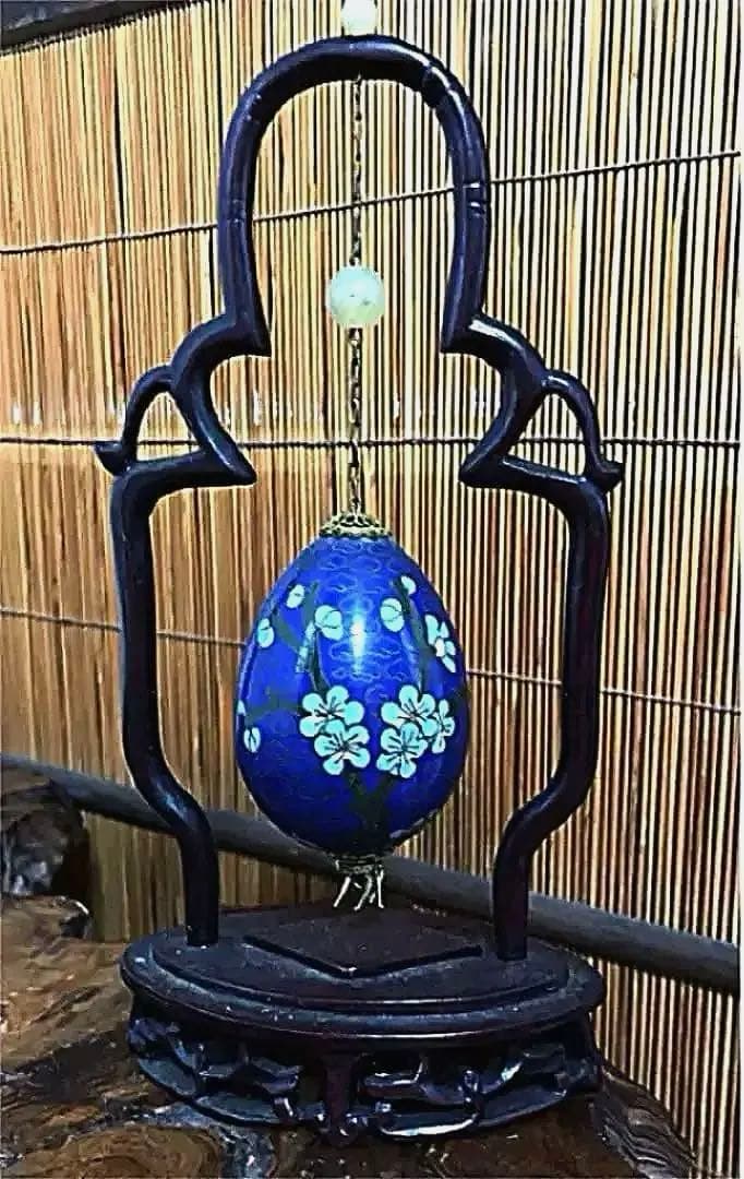 中国美術 花梅雲紋 吊り 古七宝 エッグ 唐木台 装飾