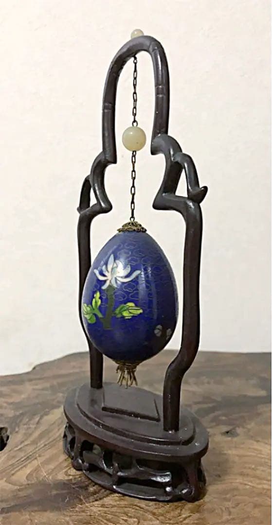 中国美術 花梅雲紋 吊り 古七宝 エッグ 唐木台 装飾