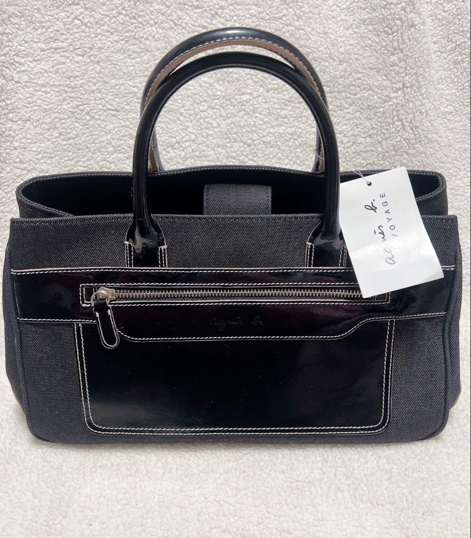 アニエスベー トートバッグ 黒 キャンバス×エナメル