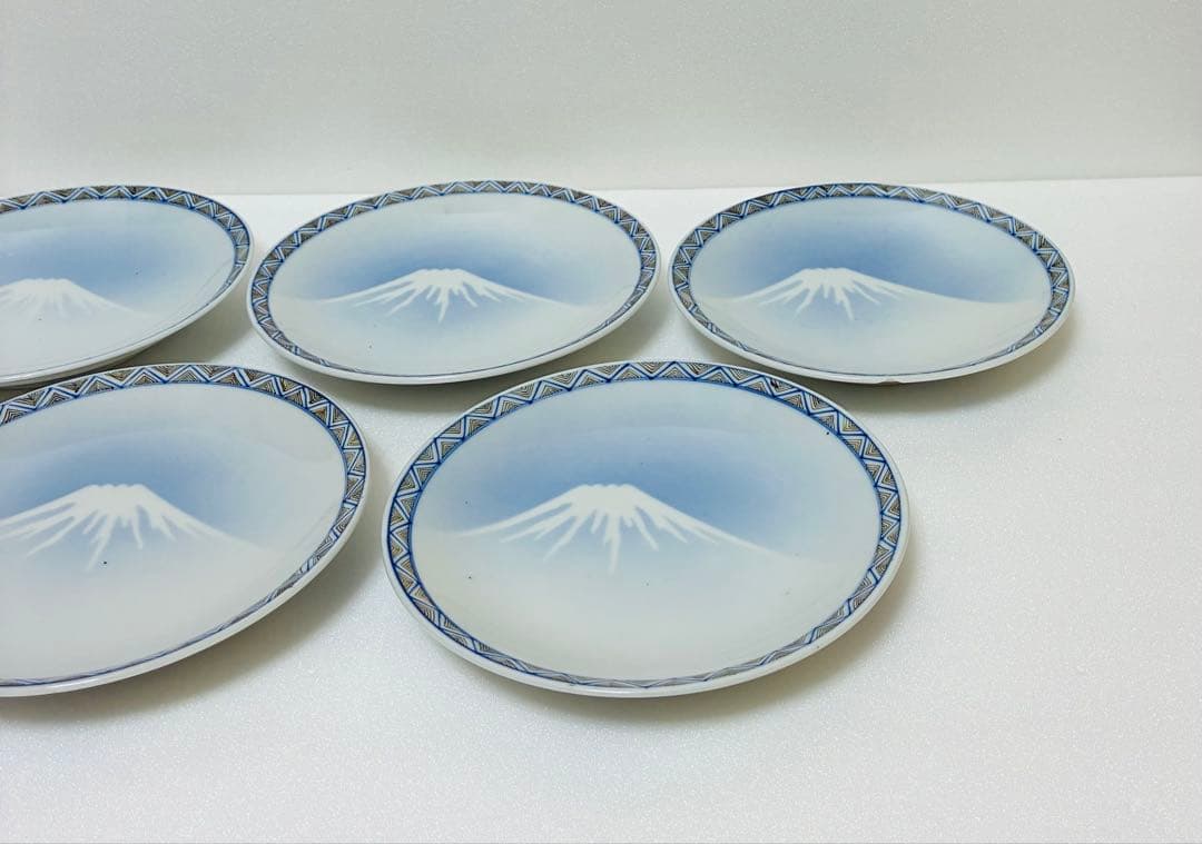 お一人様限り 明治 瀬戸焼 千峰園製 伊藤四郎左衛門 吹呉須富岳図6寸皿揃い