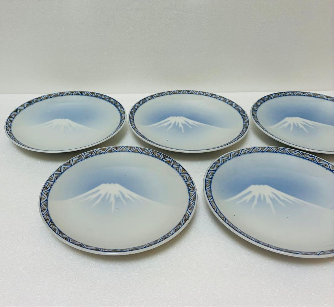 お一人様限り 明治 瀬戸焼 千峰園製 伊藤四郎左衛門 吹呉須富岳図6寸皿揃い