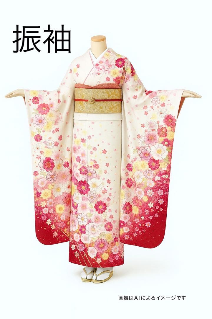 ［振袖］正絹　やわらかい白　生成り　桜　牡丹　蝶　箔　成人式