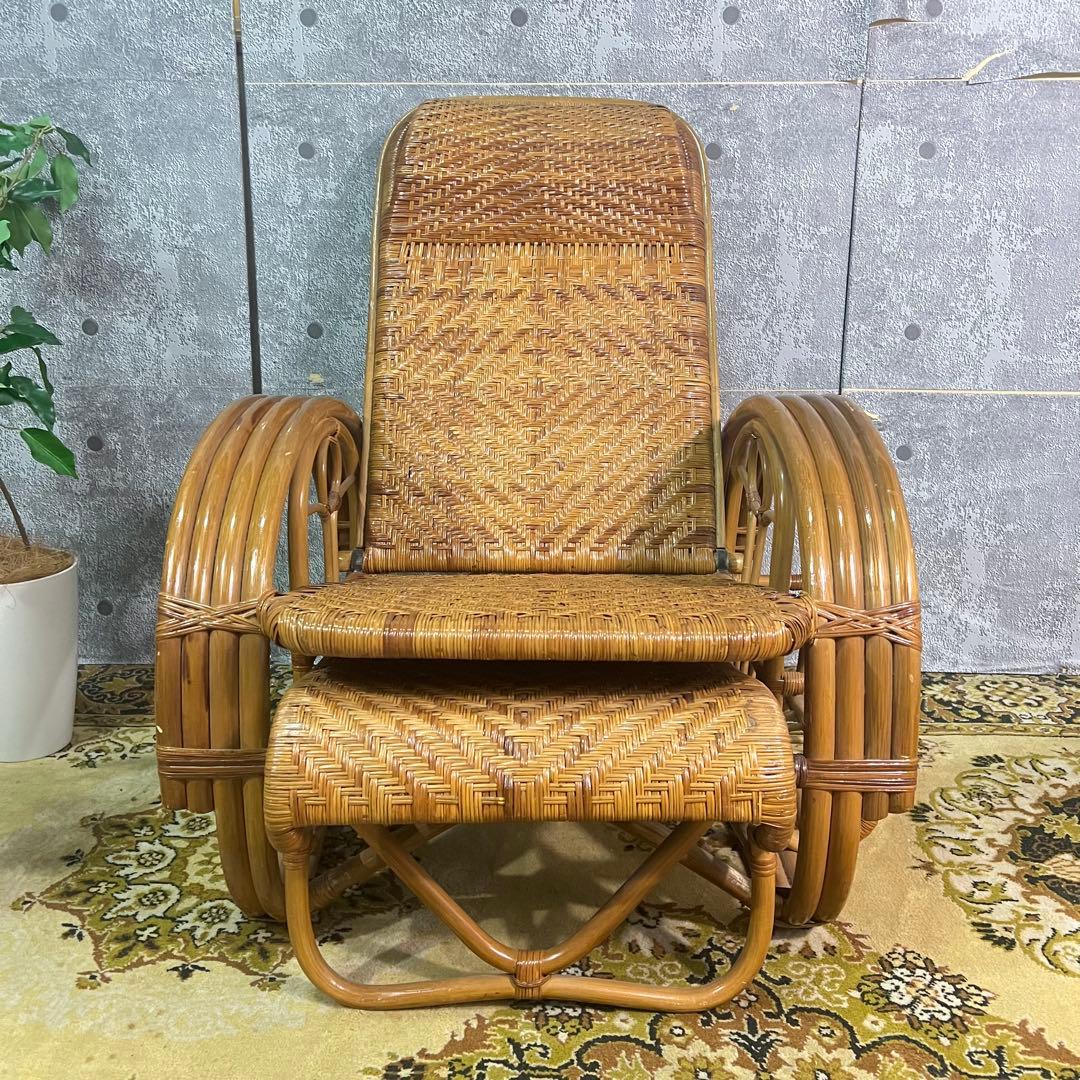 ꧁籐家具꧂ラタン リクライニングソファ 1人掛けソファ 昭和レトロ アジアン