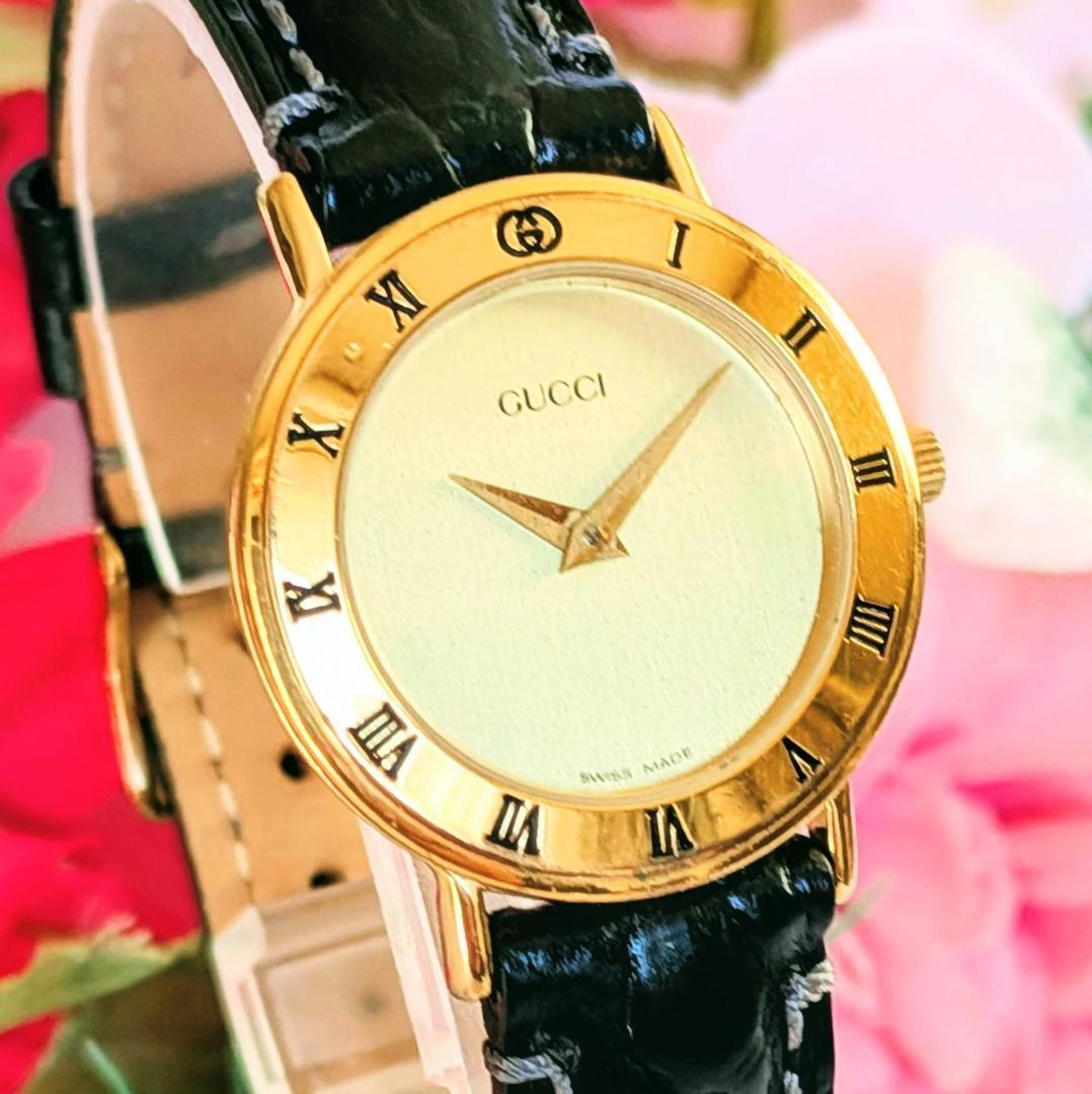良品 GUCCI レディース腕時計ゴールド＆ブラック3000.2.L ゴージャス