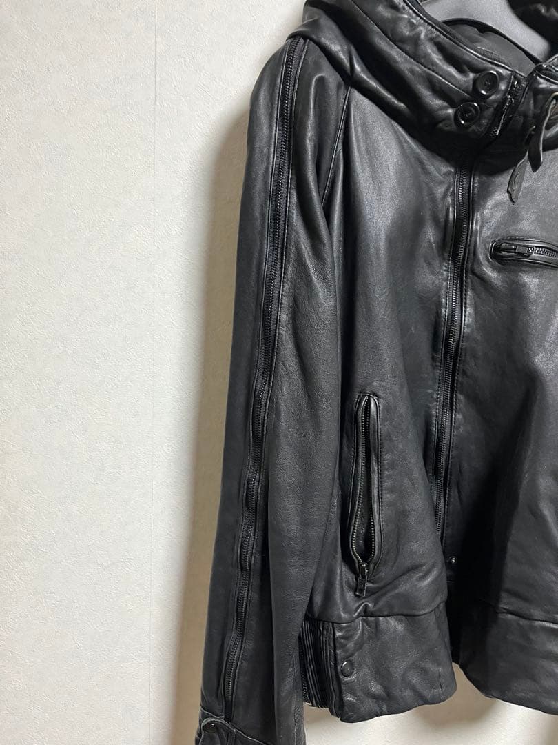 本革 レザージャケット フード一体型 ブラック 多ジップ バイカー モード系
