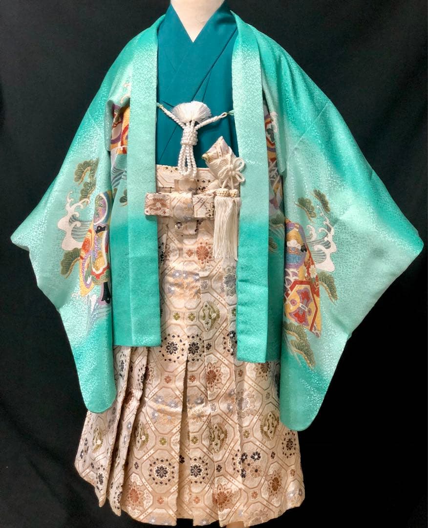 七五三 3歳　小柄　5歳　男の子　エメラルドグリーン　羽織　着物　袴　セット