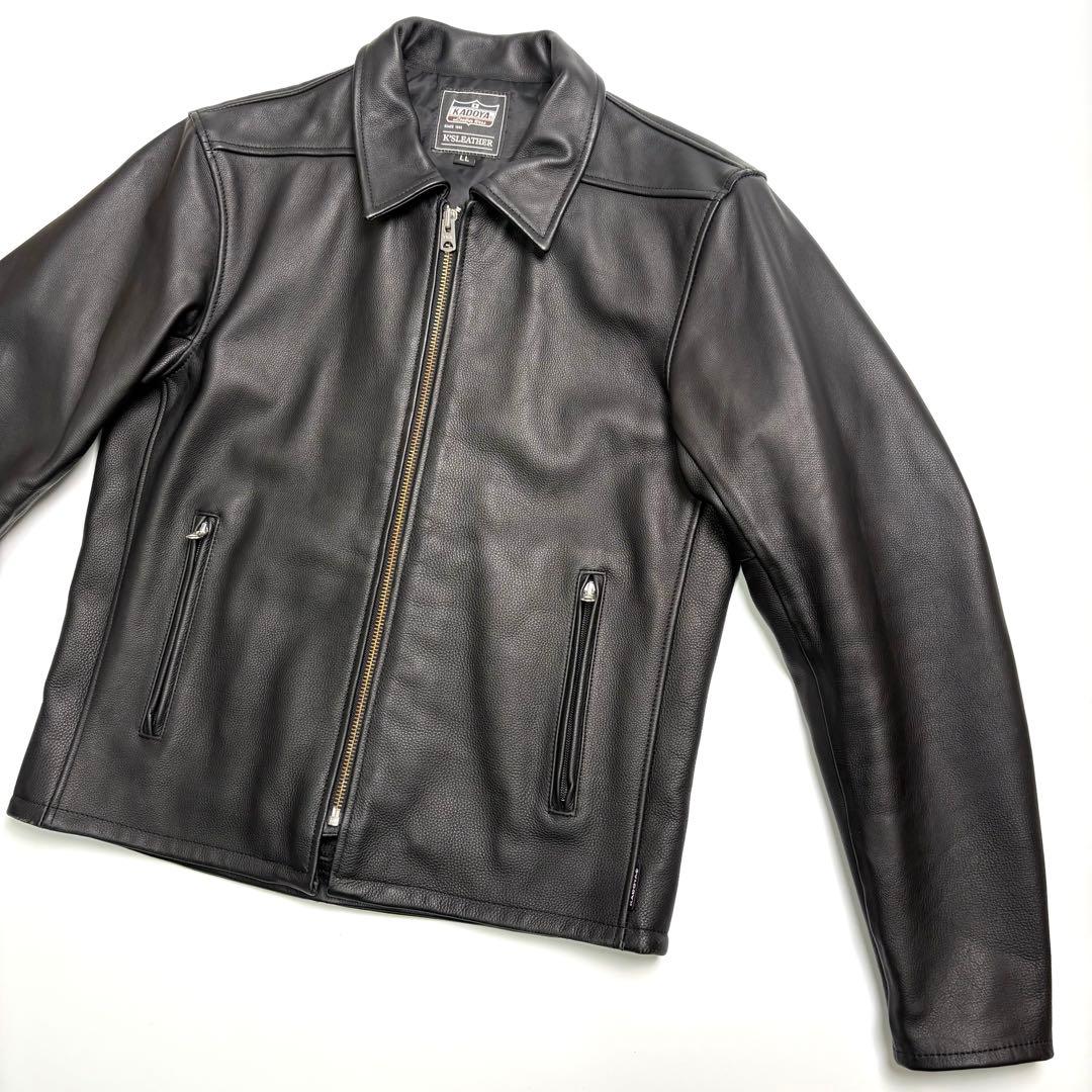 【牛革】KADOYA レザー ライダースジャケット 黒 LL 衿付 シングル