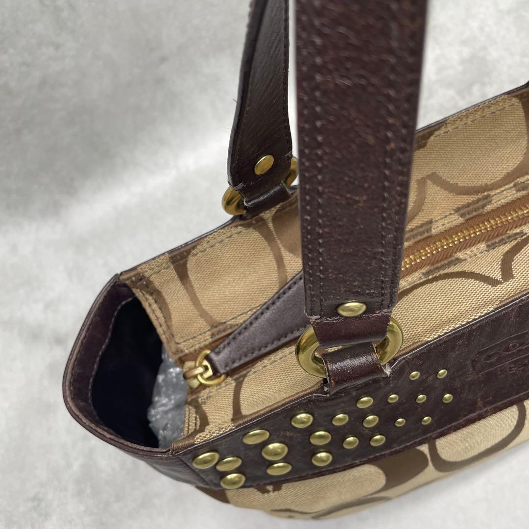 良品✨コーチ トートバッグ キャンバス×レザー スタッズ シグネチャー 肩掛け