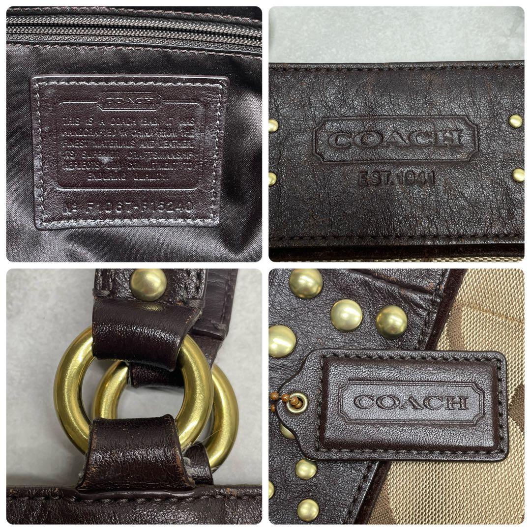 良品✨コーチ トートバッグ キャンバス×レザー スタッズ シグネチャー 肩掛け