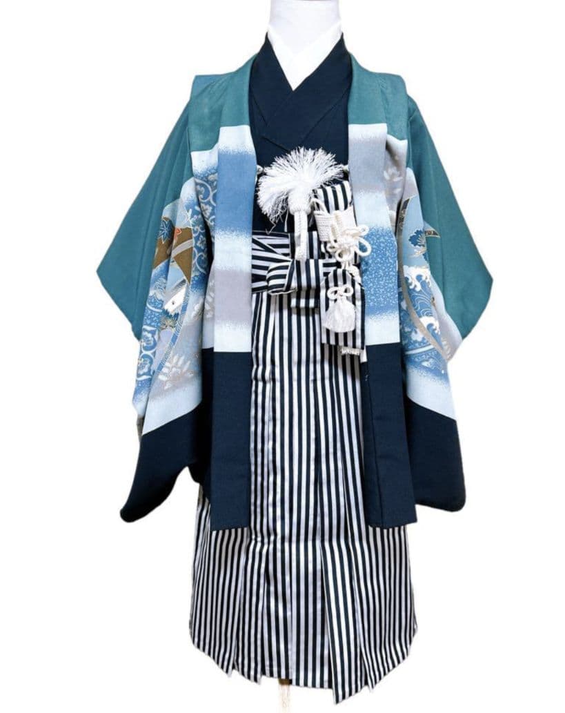 子供用 鶴刺繍 和服 青黒ストライプ