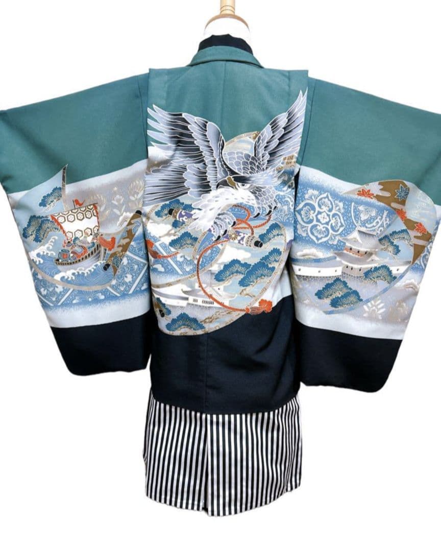 子供用 鶴刺繍 和服 青黒ストライプ