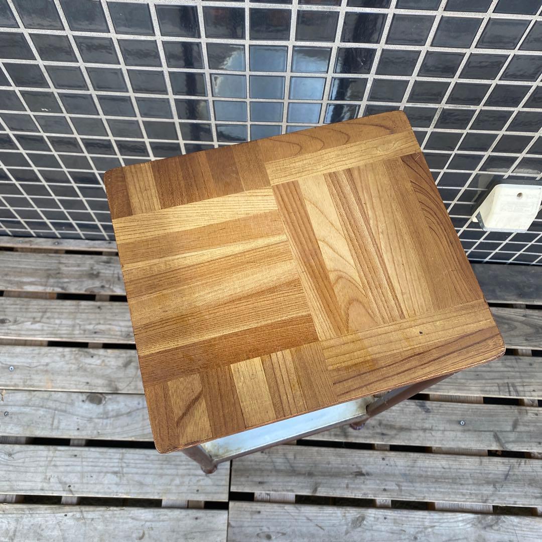 A 昭和レトロ 鉄脚スツール ヴィンテージ 寄木細工 古家具 インダストリアル