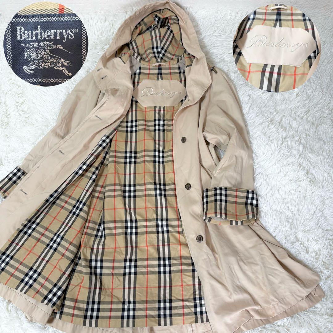 バーバリーズ フード付きステンカラーコート ベージュ系 ノバチェック ロゴ刻印