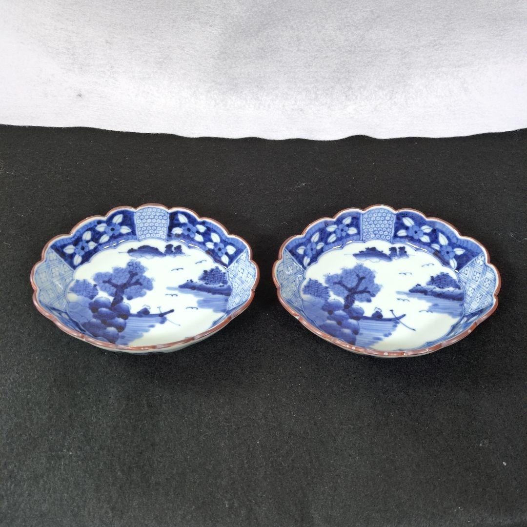 ★美品　有田焼　岩永浩 作　祥瑞山水図菊割楕円向付　2枚