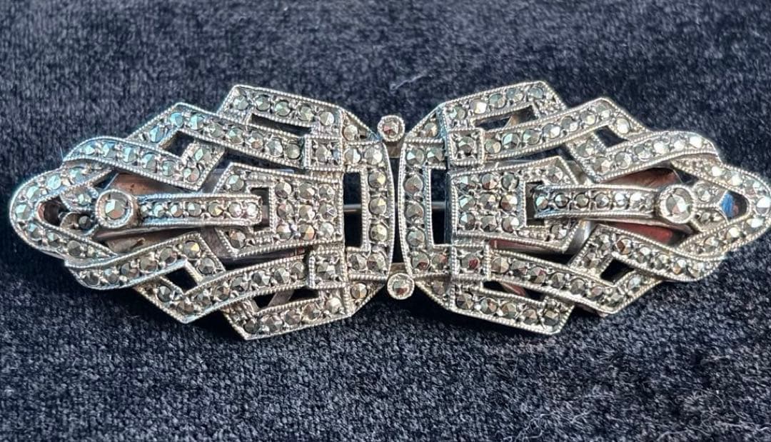 【英国】S925純銀製マーカサイト・アンティーク・ダブルクリップ・ブローチ