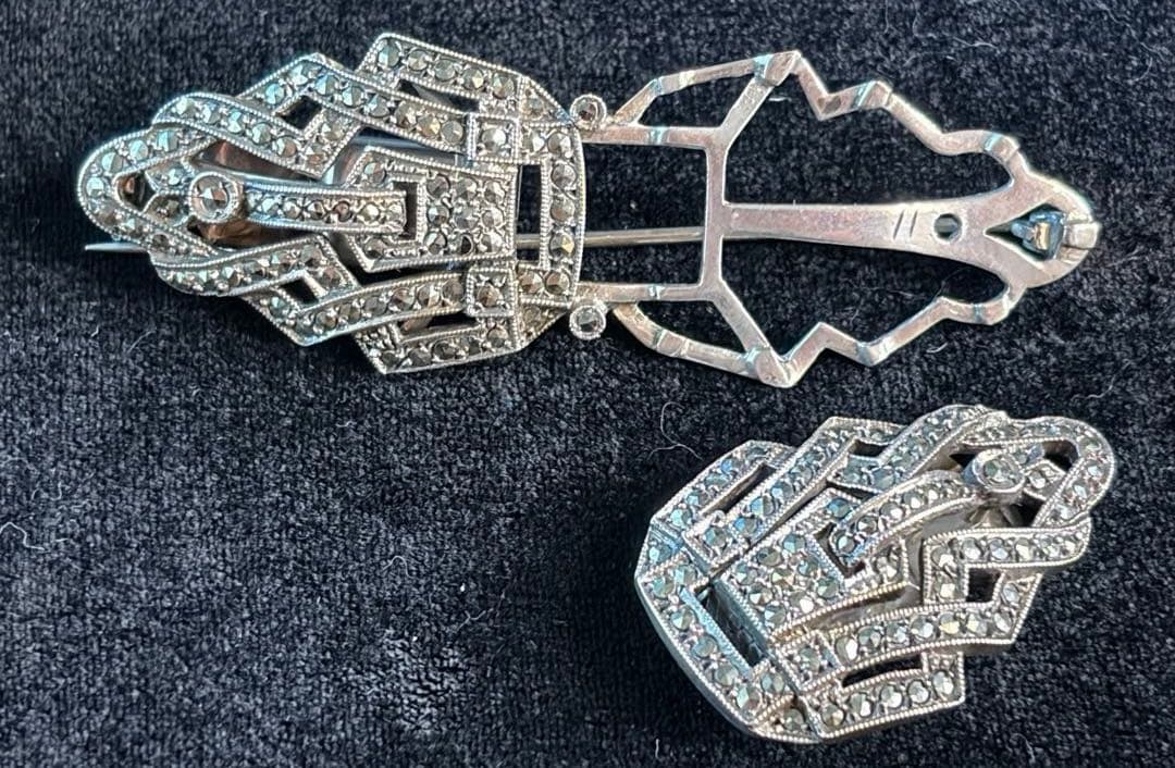 【英国】S925純銀製マーカサイト・アンティーク・ダブルクリップ・ブローチ