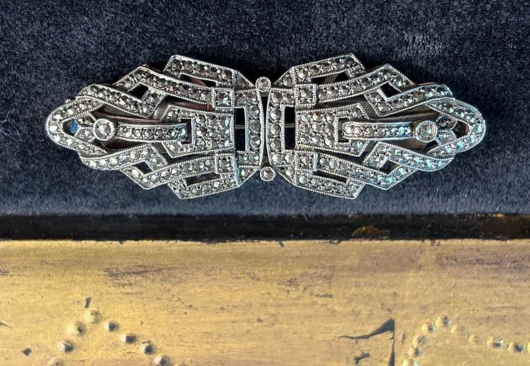 【英国】S925純銀製マーカサイト・アンティーク・ダブルクリップ・ブローチ