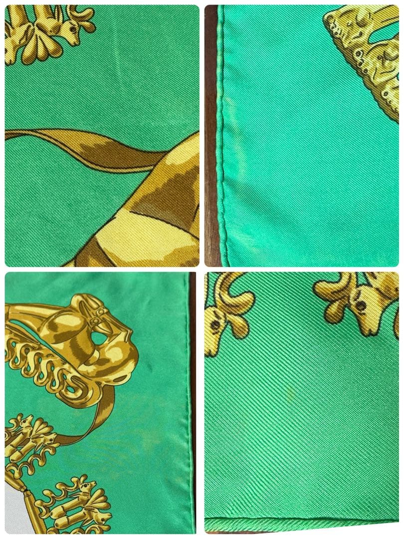 HERMES エルメス　カレ90 スカーフ 黄金の騎士　グリーン　色褪せあり