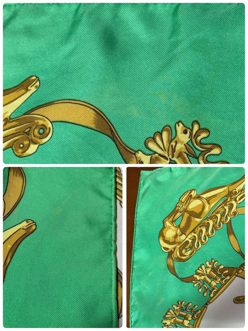 HERMES エルメス　カレ90 スカーフ 黄金の騎士　グリーン　色褪せあり