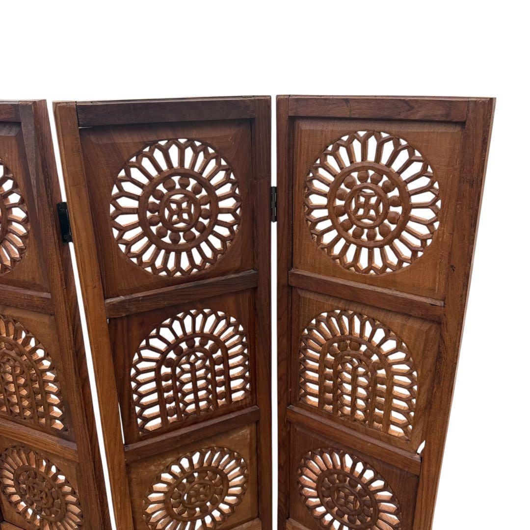 彫刻アンティーク 木製パーテーション 4連 透かし彫り 間仕切り