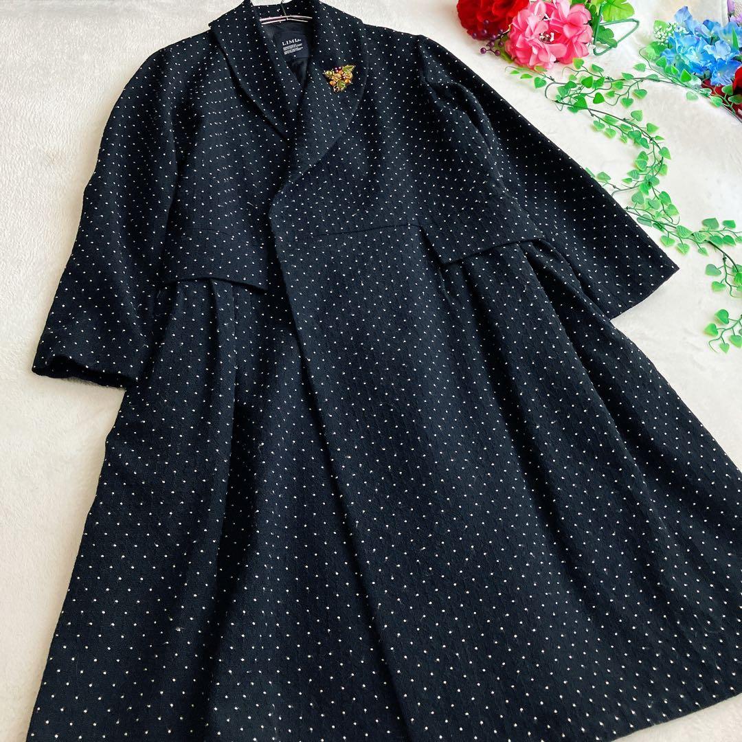 リミフゥ★ショールカラー ウールロングコート ドット柄 総柄 Aライン ギャザー