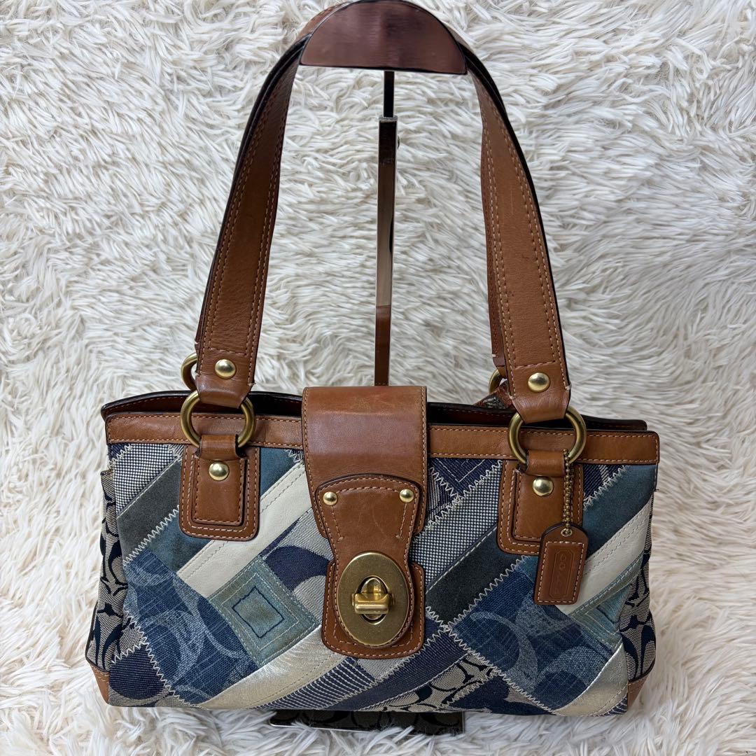 コーチ トートバッグ レザー パッチワーク ターンロック ゴールド金具 デニム