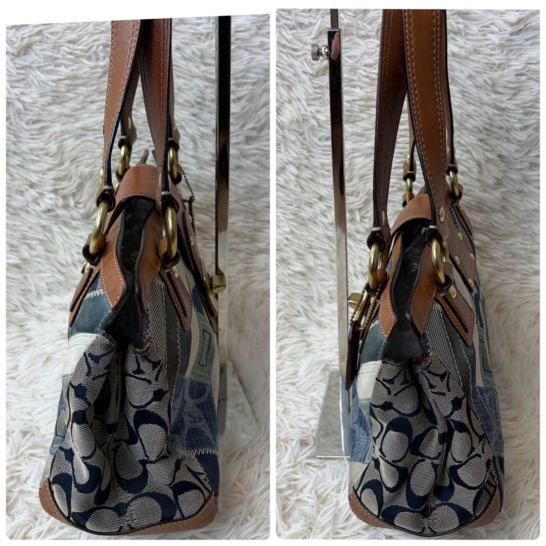 コーチ トートバッグ レザー パッチワーク ターンロック ゴールド金具 デニム