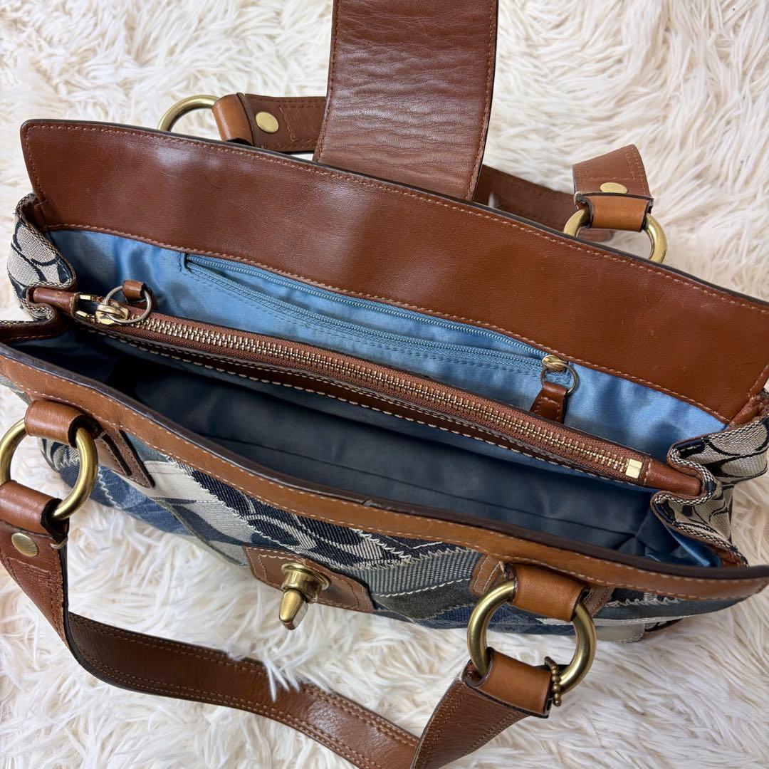 コーチ トートバッグ レザー パッチワーク ターンロック ゴールド金具 デニム