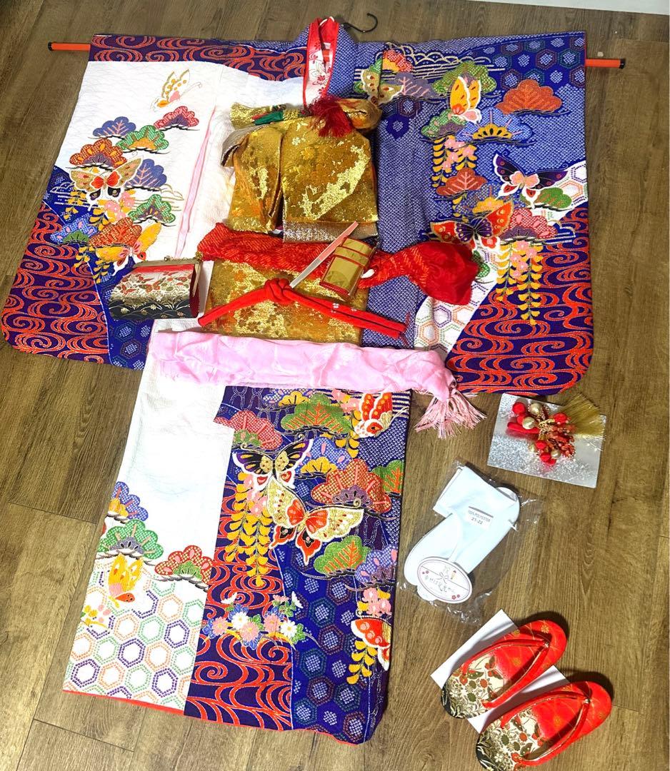 七五三 7才 着物 作り帯 小物セット 中古品 蝶々 絞り柄