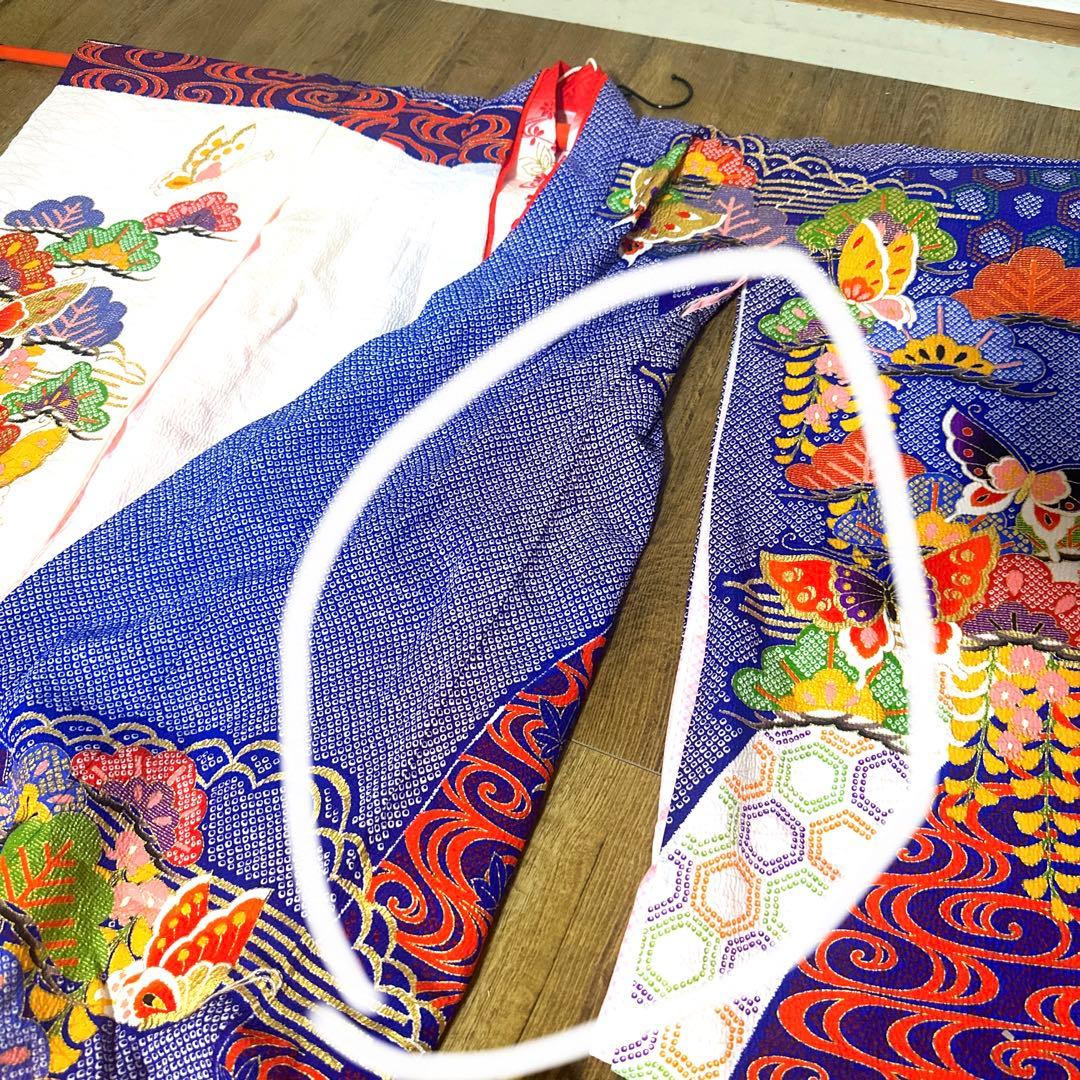 七五三 7才 着物 作り帯 小物セット 中古品 蝶々 絞り柄