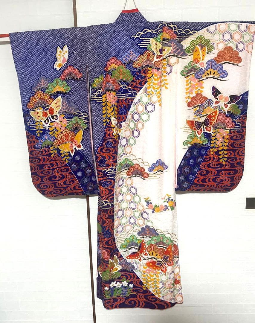 七五三 7才 着物 作り帯 小物セット 中古品 蝶々 絞り柄