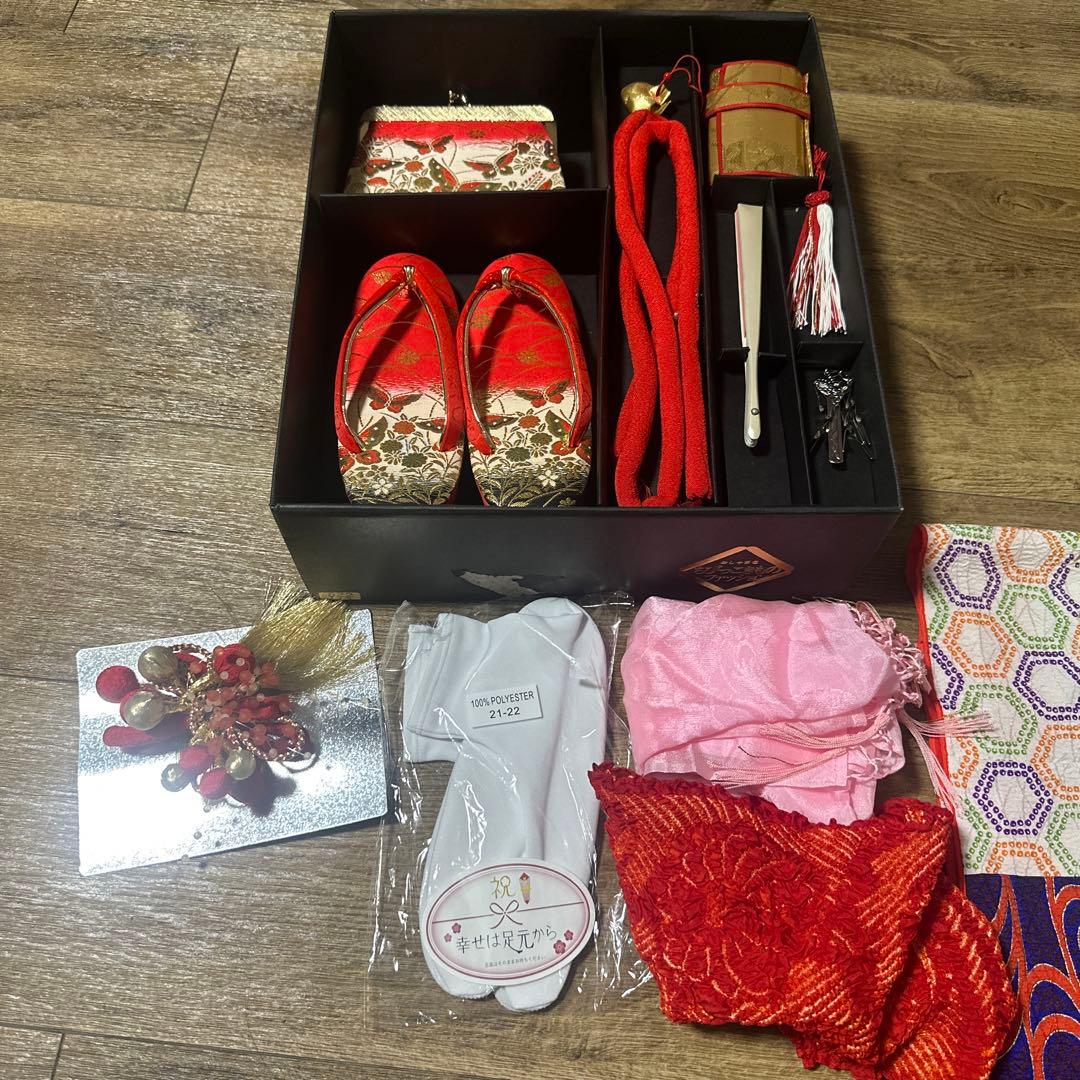 七五三 7才 着物 作り帯 小物セット 中古品 蝶々 絞り柄