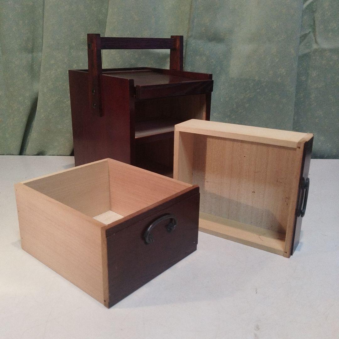 京都古民家より、昭和の鏡付化粧ケース　メイクボックス　木製手提げ