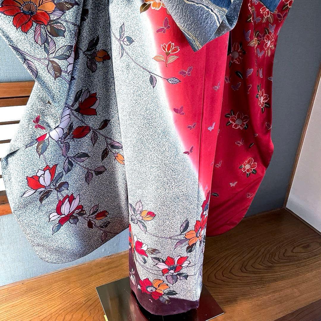振袖フルセット　朱色手描き友禅　ブルーたたき染め　成人式振袖　振袖　染分け