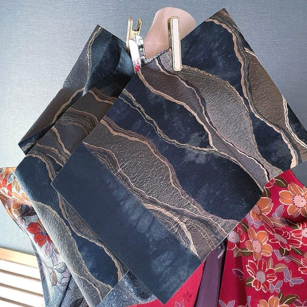 振袖フルセット　朱色手描き友禅　ブルーたたき染め　成人式振袖　振袖　染分け