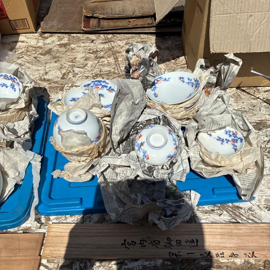 オールド深川青磁もみじ紅葉　皇室御用達　平皿小皿カップセット計54 富士流水裏印