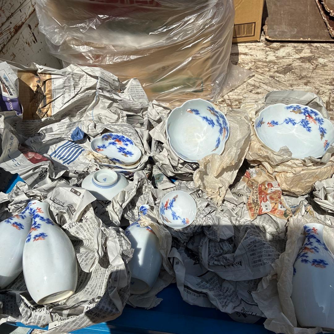 オールド深川青磁もみじ紅葉　皇室御用達　平皿小皿カップセット計54 富士流水裏印