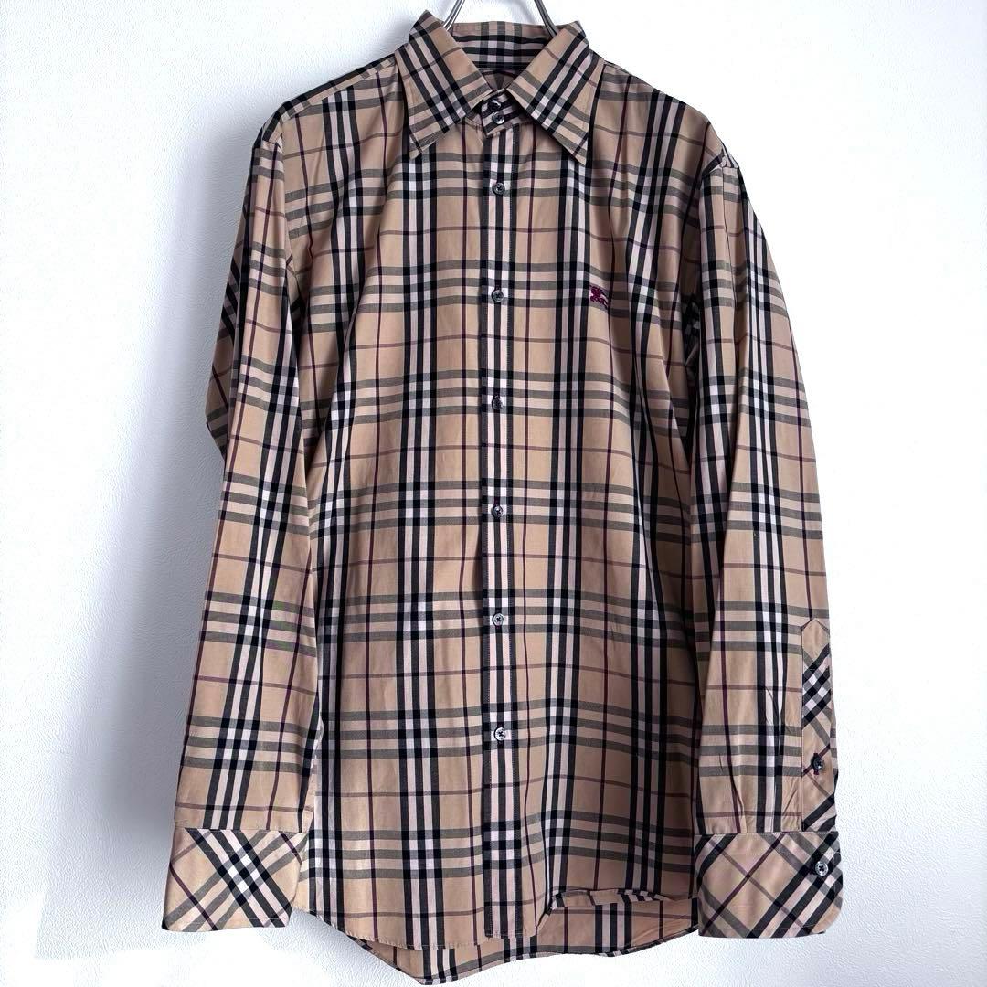 バーバリー ノバチェック柄 メンズ長袖シャツ ホースロゴ刺繍 サイズ3