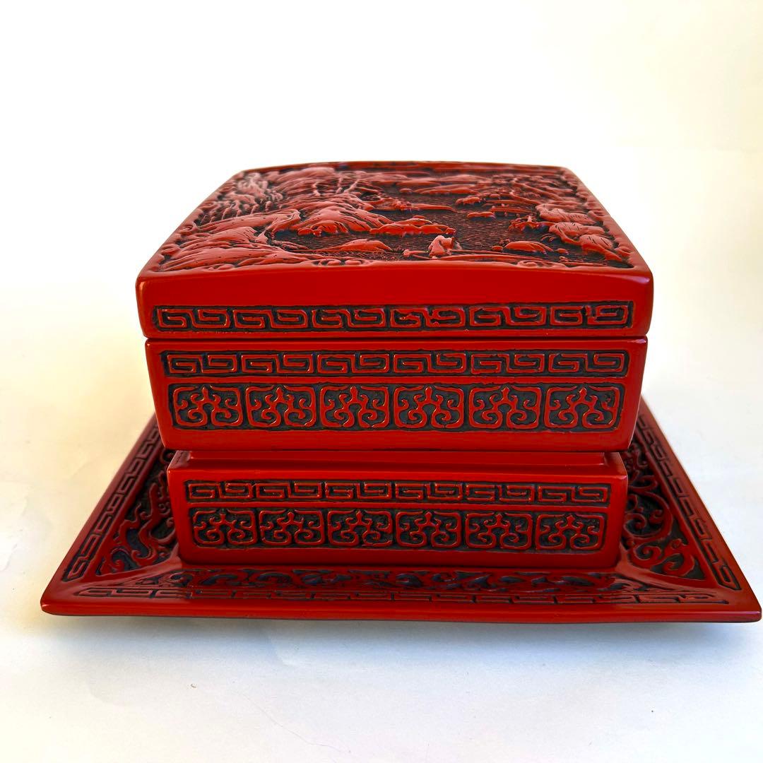 【希少】美品　漆器 堆朱 木製　手彫り　彫刻漆器 仙台堆朱 蓋付き　重箱　2段