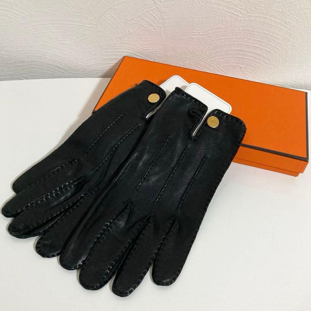 エルメス　HERMES　ラムスキン　セリエボタン　グローブ　ブラック　サイズ9