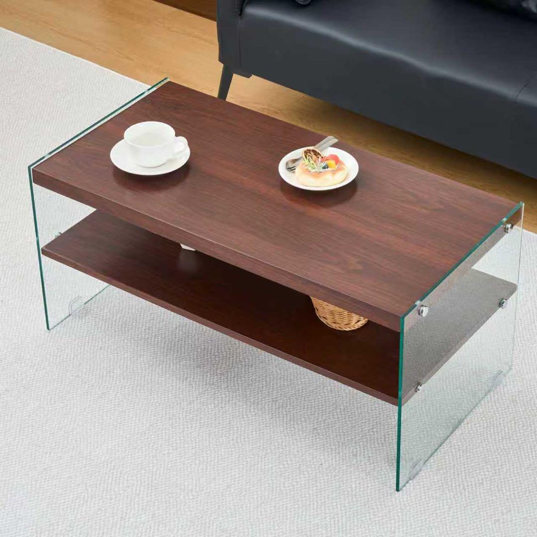 【新品】MDF天板×強化ガラス脚 ローテーブル 収納付き ホワイト